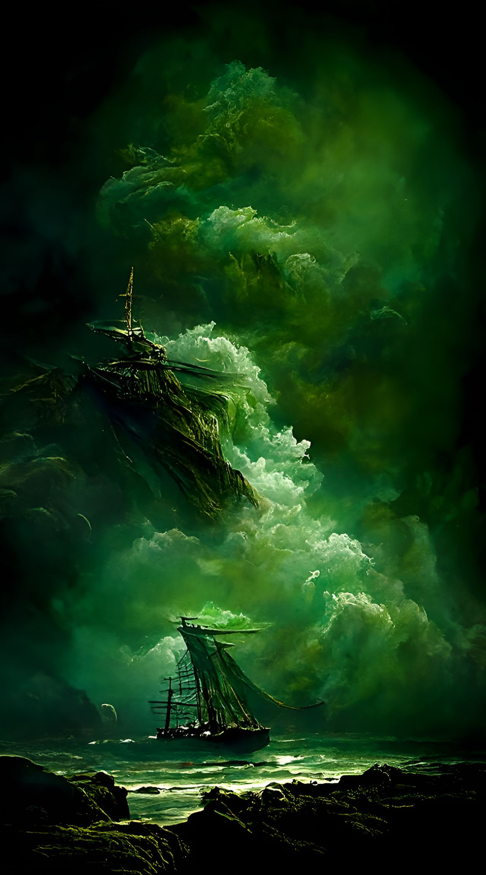 Ghost Pirate Ship in Luminous Green Seascape