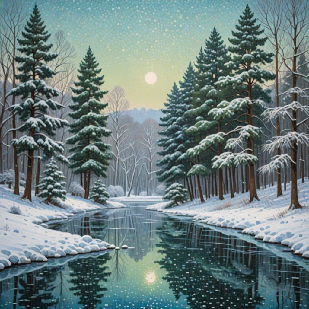 Winter Landscape in Dot Painting Style