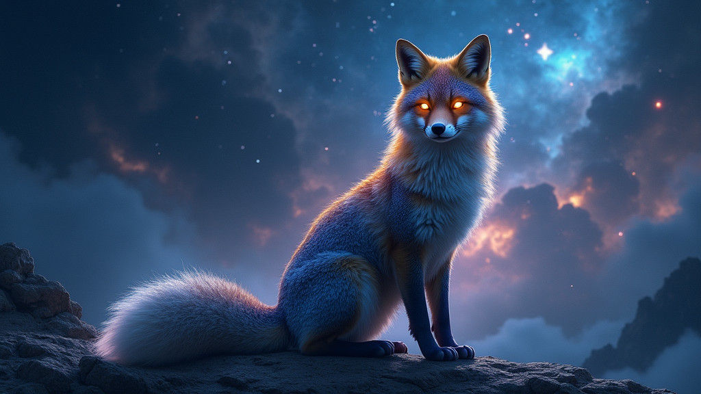 Mystical Galaxy Fox with Amber Eyes in Cosmic Scene