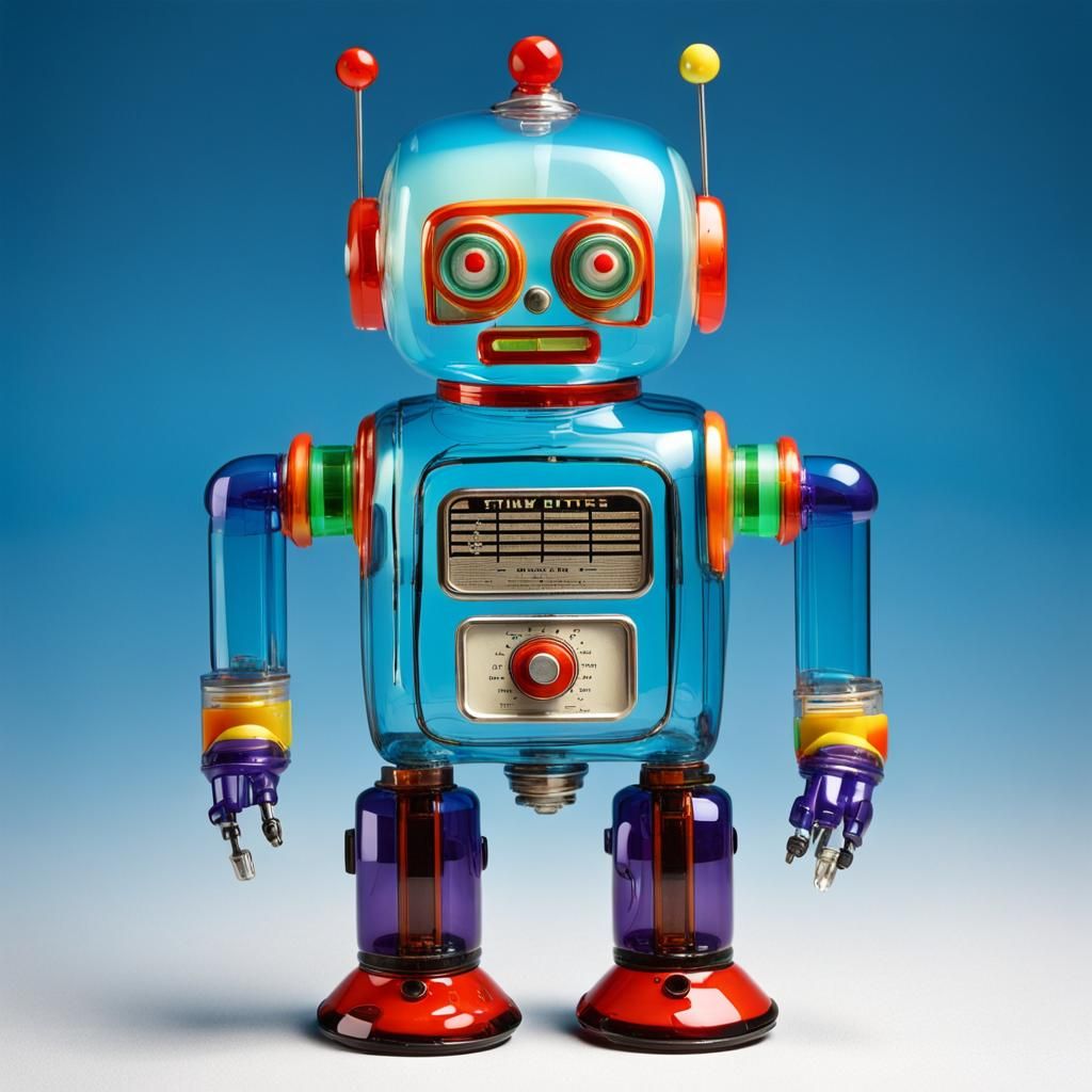 Blown Glass Retro Robot with Visible Internal Mechanics
