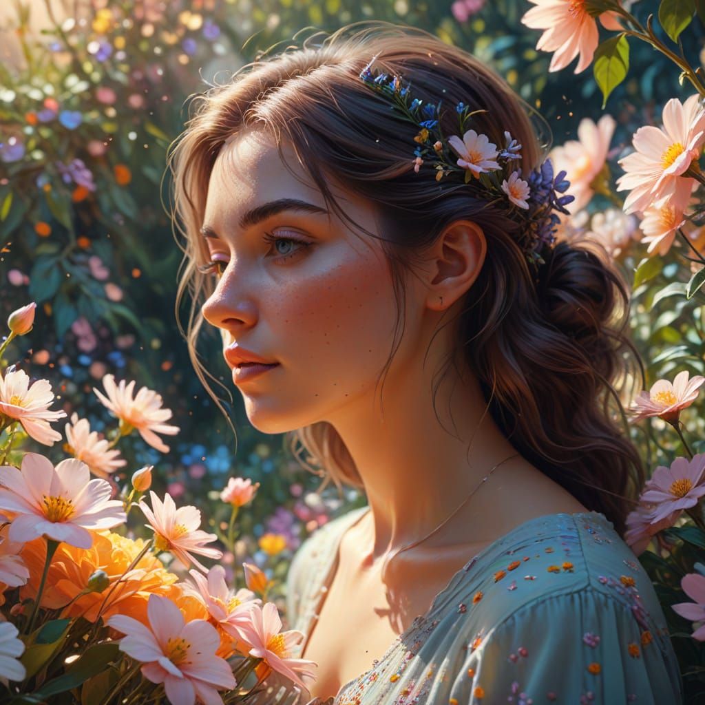 Woman Gazing at Flowers in Vibrant Oil Painting Style