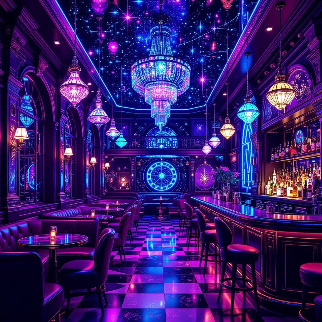 Neon Constellation Disco: Opulent Cafe Interior