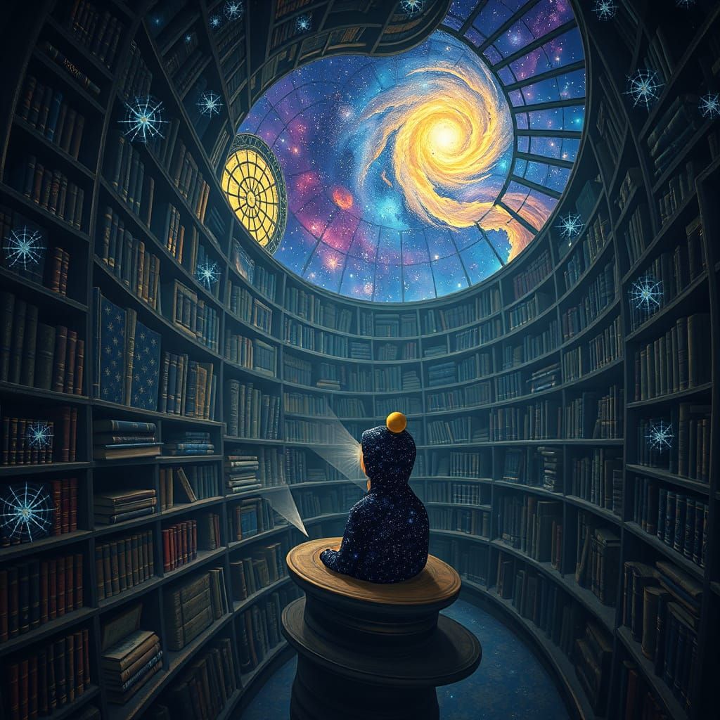 Celestial Librarian in Surreal Cosmic Library