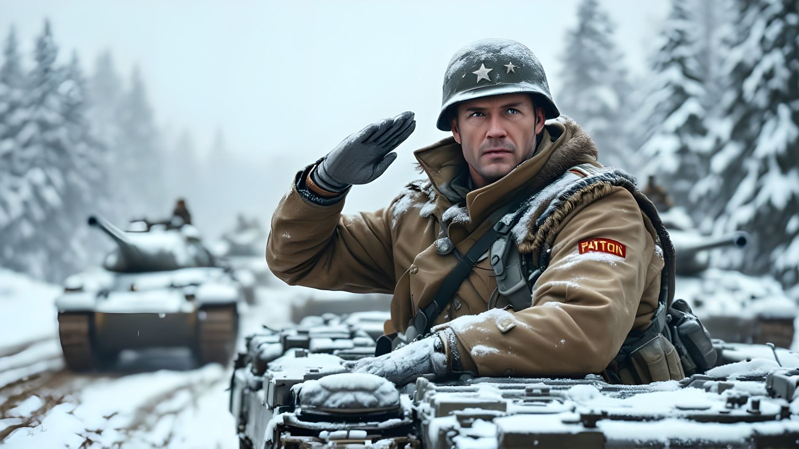 General Patton Leads Modern Tanks through Winter Landscape