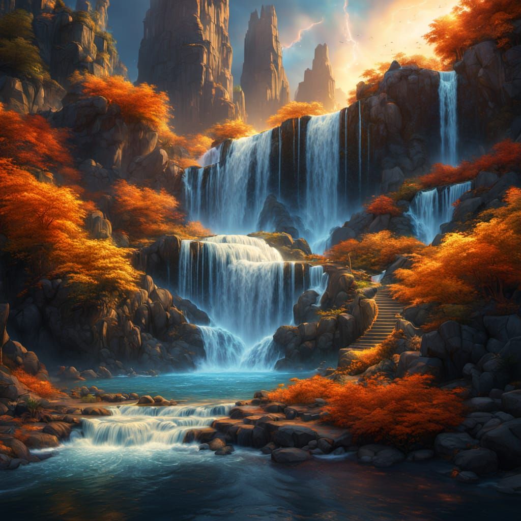 Colorful Spiral Waterfall in Fantasy Landscape Art