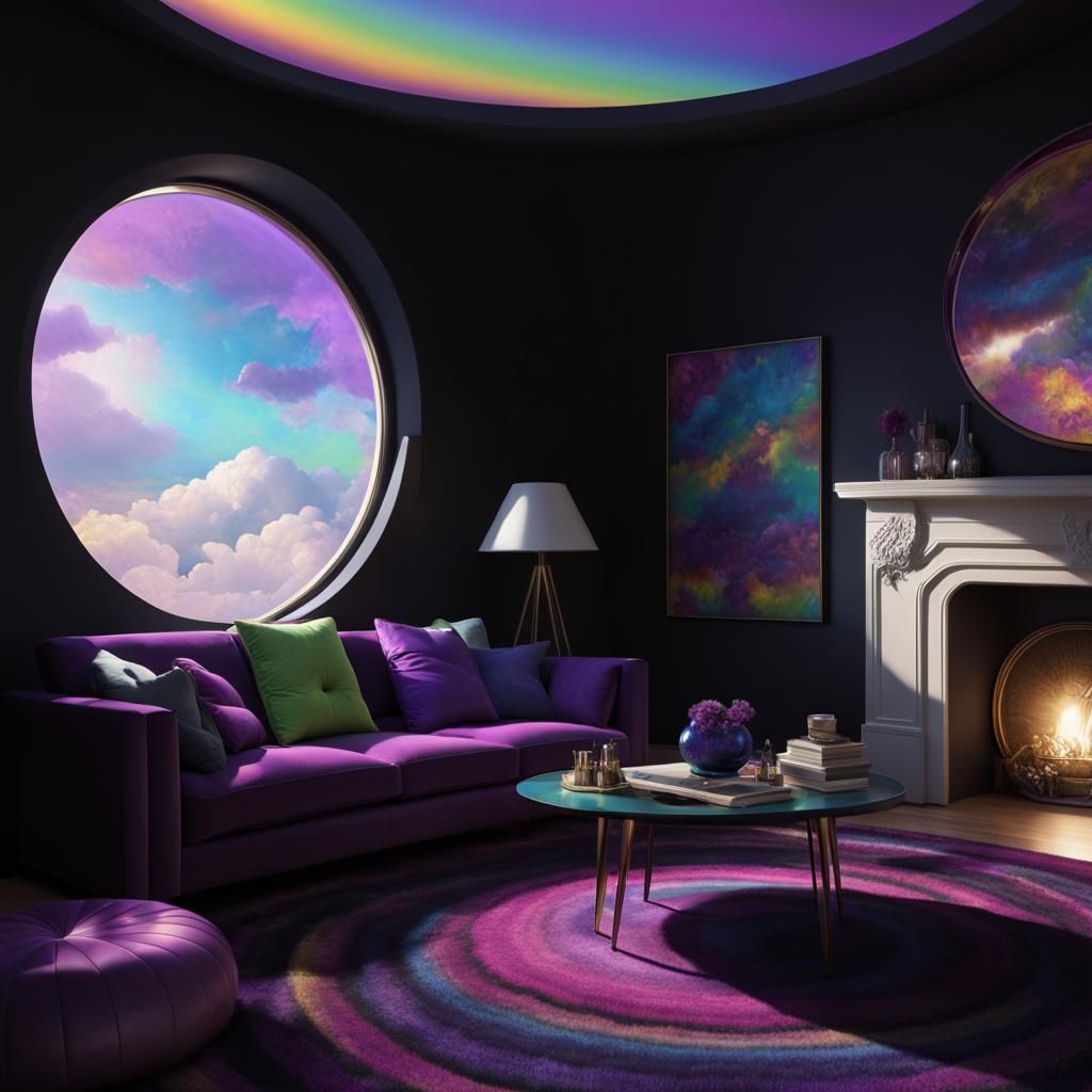 Psychedelic purple living room with huge Circular window and purple sofas and rainbow rug and rainbow painting and rainb...