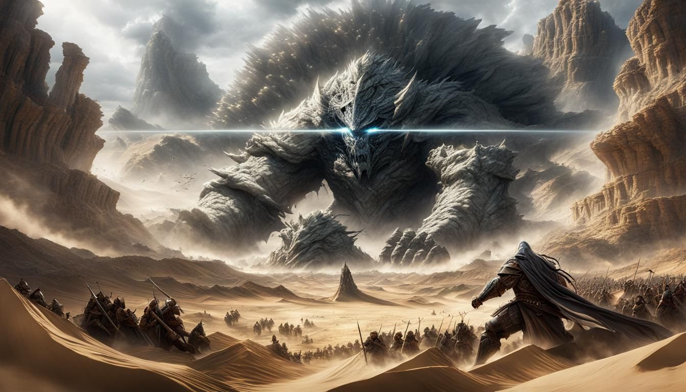 Epic Battle: Catgirl vs Giant in Windswept Desert