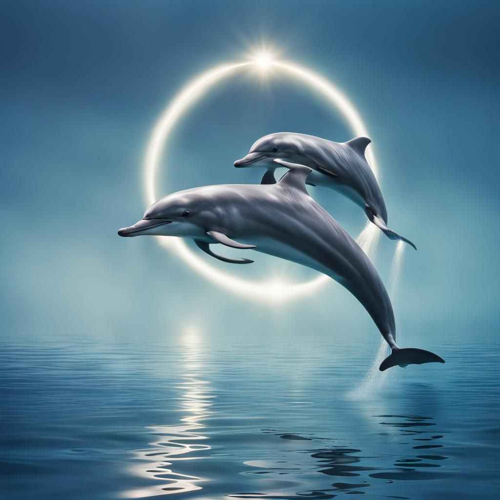 Luminous Dolphins Mirroring in Calm Sea