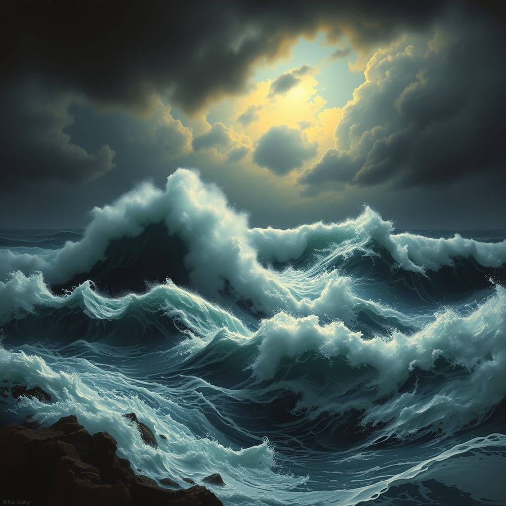 Raging Ocean Waves Under Ominous Night Sky