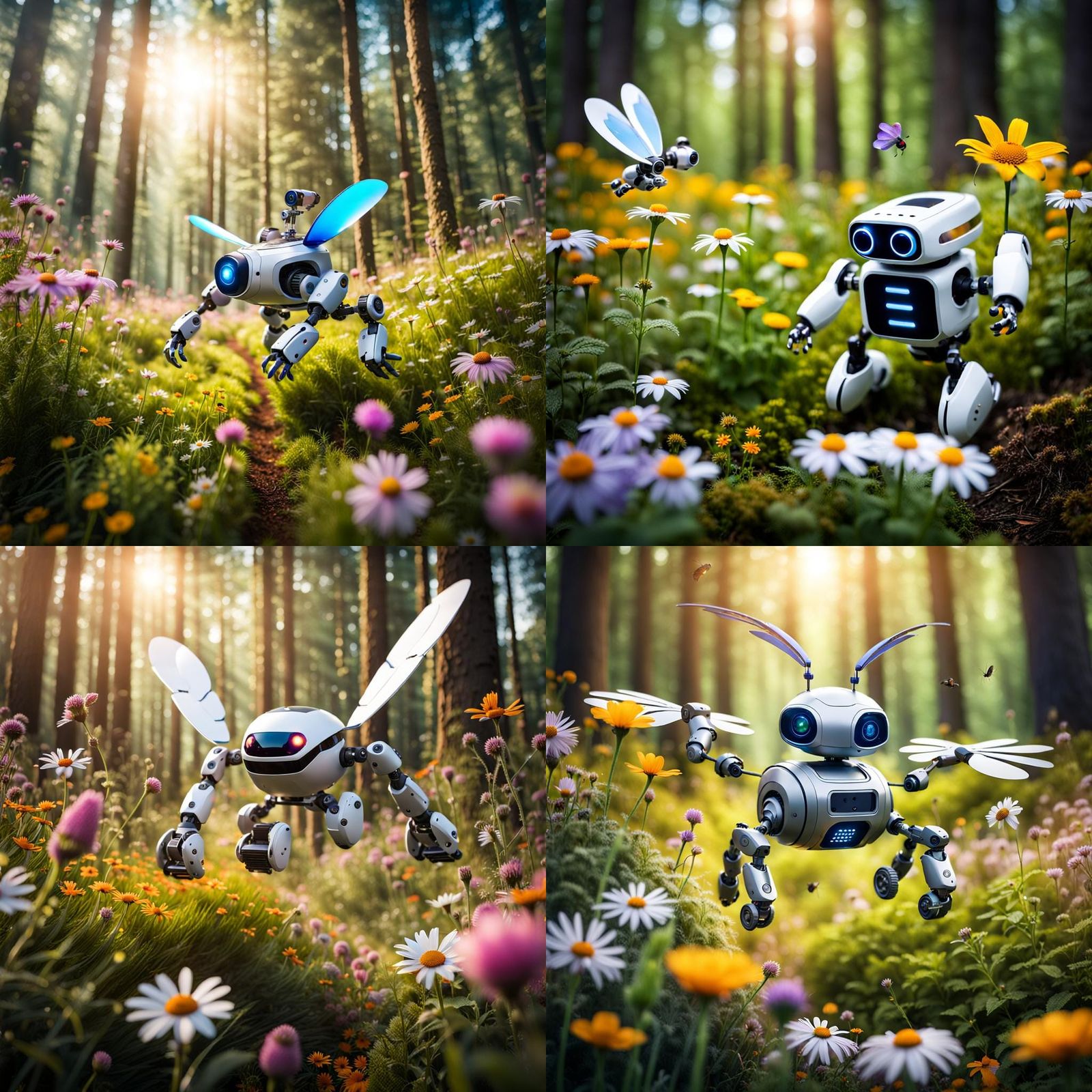 Robot Chasing Rabbit Through Wildflower Field