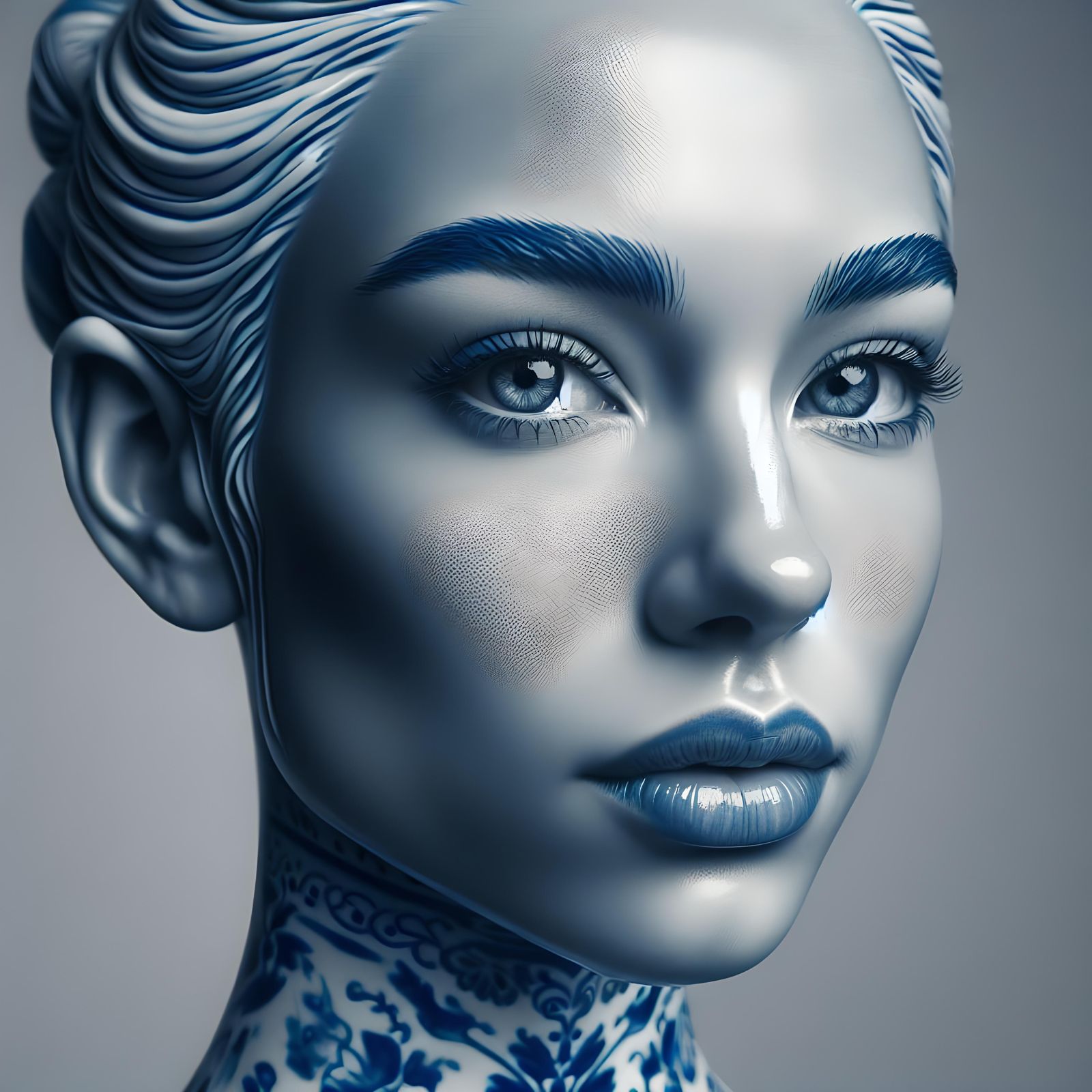 Dutch Woman with Delft Blue Porcelain Skin Portrait