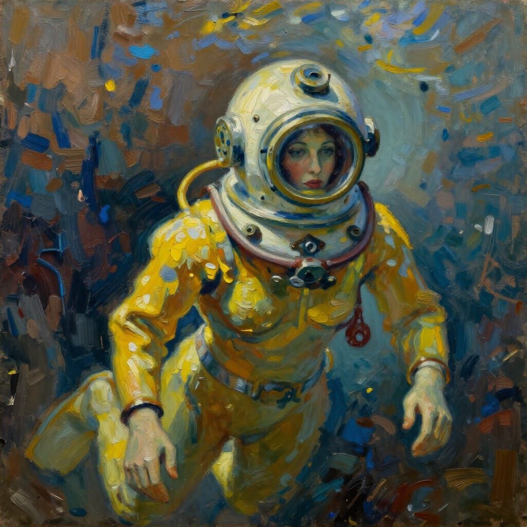 Woman in Vintage Diver Suit, Abstract Impressionist Painting