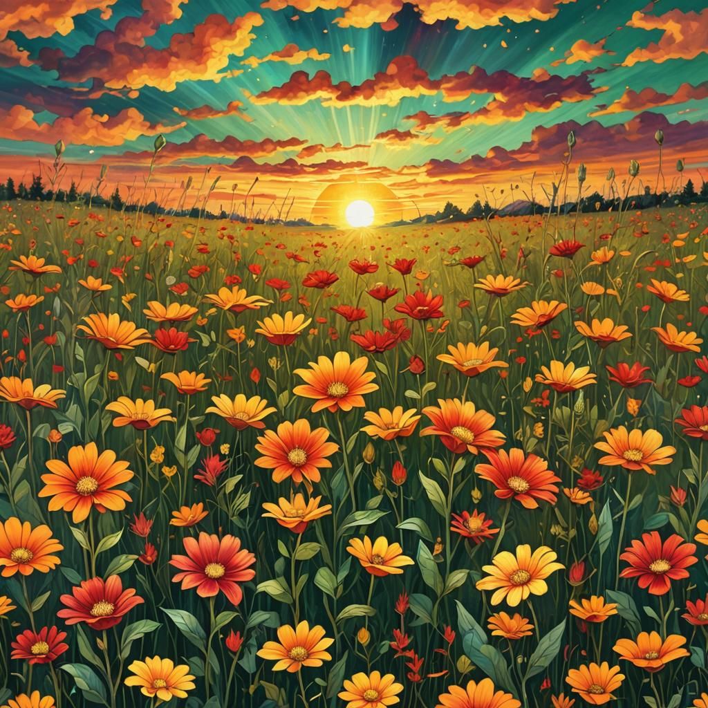 Glimmering Flowers at Sunset: Holographic Astral Illustratio...