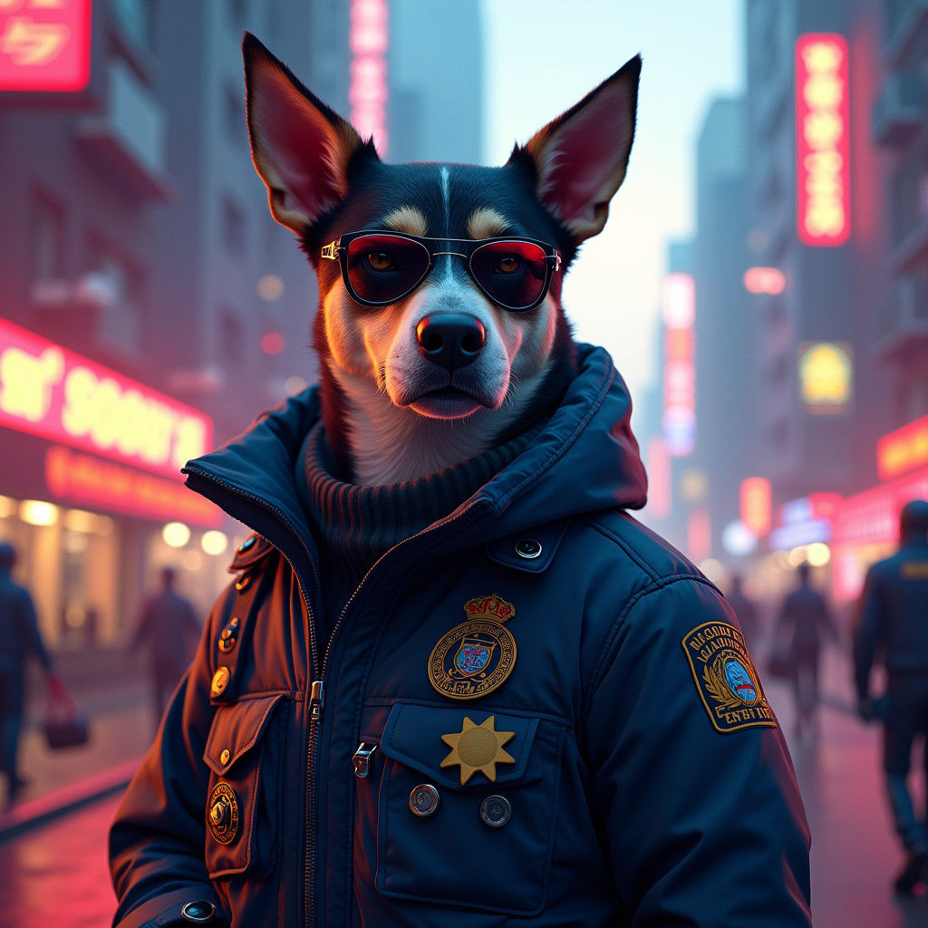 Futuristic Police Dog in Neon Cityscape Concept Art