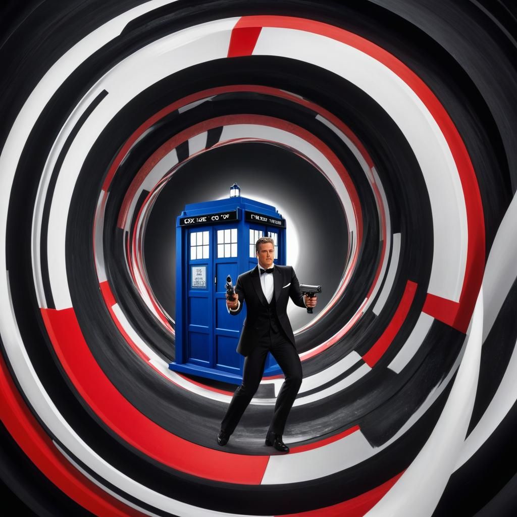 James Bond 007  holding a gun, being chased down Optical Ill...