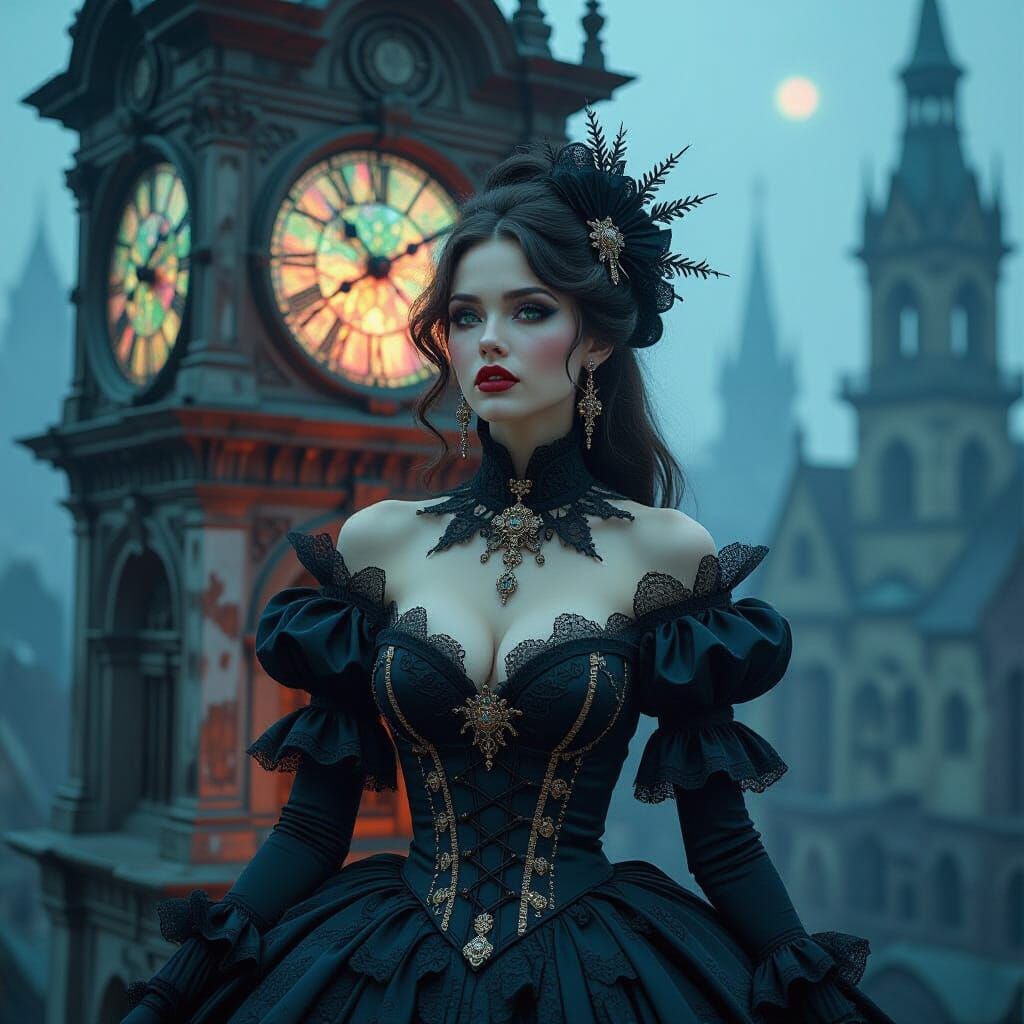 Gothic Woman Merging with Clock Tower Architecture
