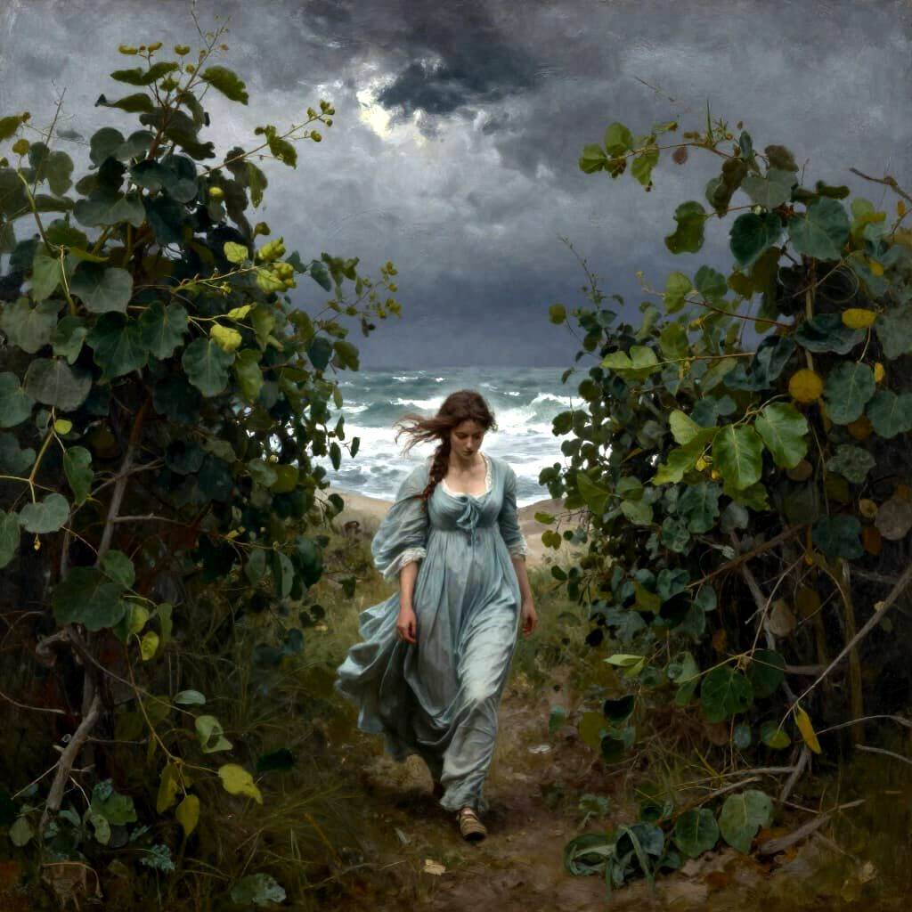 Regency Woman's Solitary Journey Through Sea Grape Tunnel