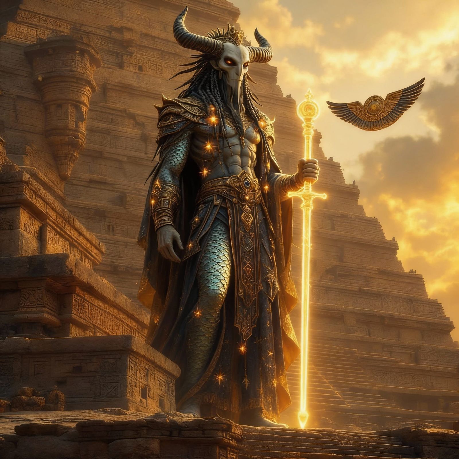 Majestic Anunnaki Deity on Ziggurat at Dusk