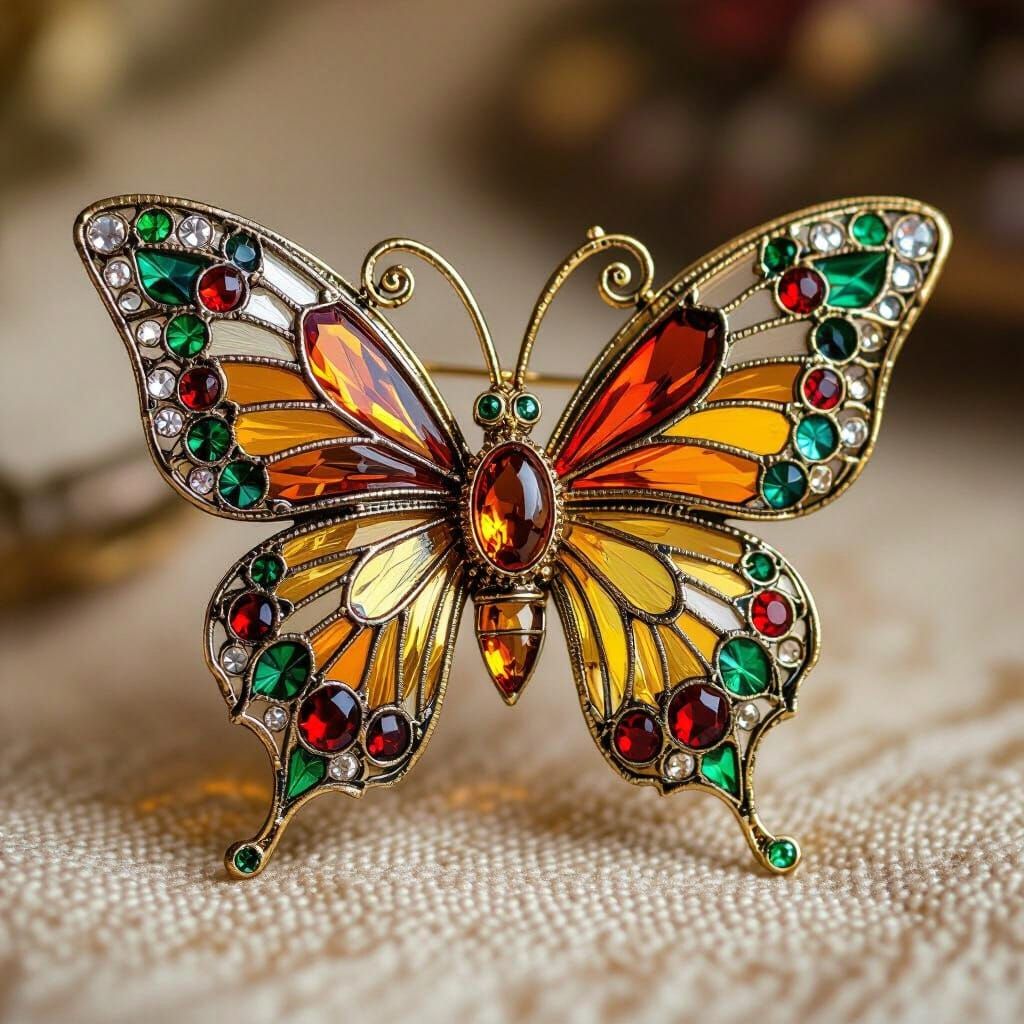 Ornate Stained Glass Butterfly Brooch in Art Nouveau Style
