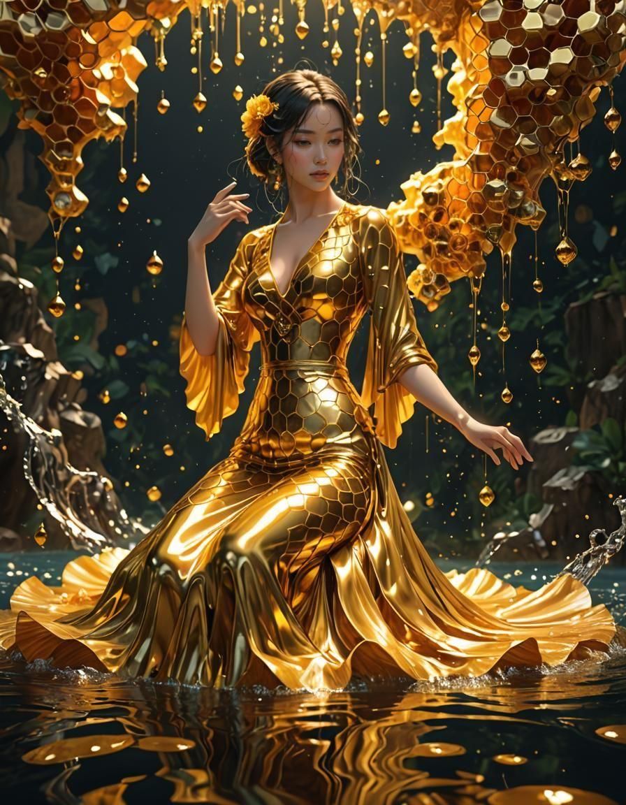Golden Honeycomb and Flowing Water in 3D Anime Style