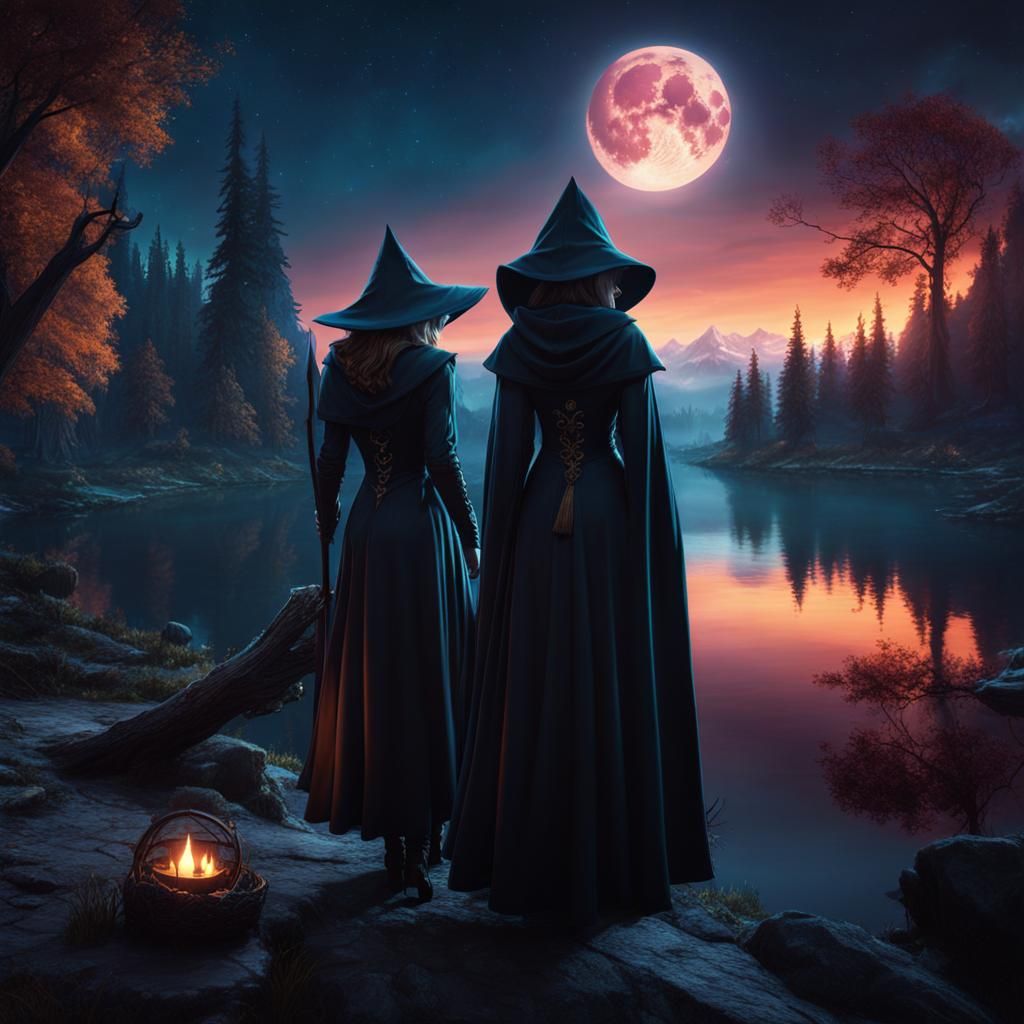 Enchanted Lake: Hooded Witches at Night in Fantasy Art