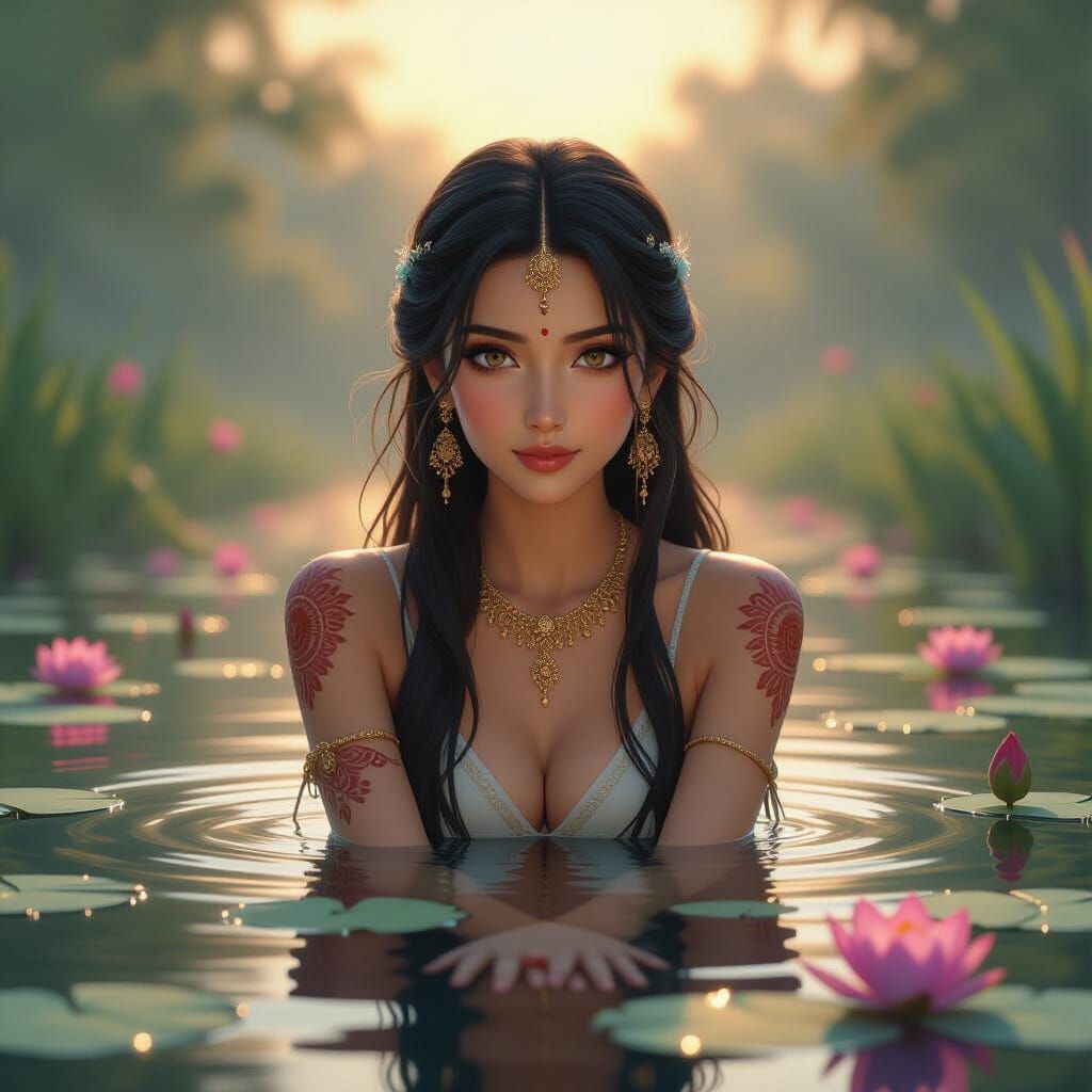 Indian Woman Rising from Lotus Pond in Anime Style