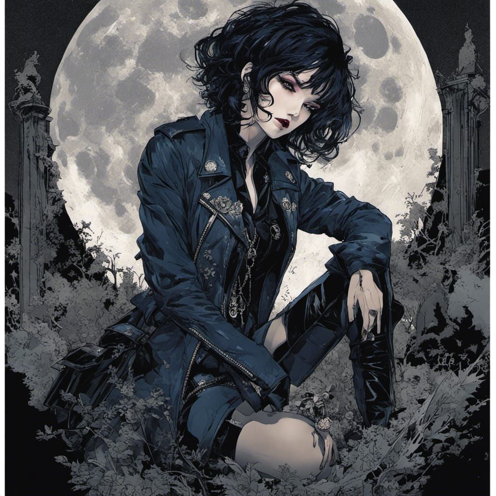 Goth Punk Witch in Misty Graveyard