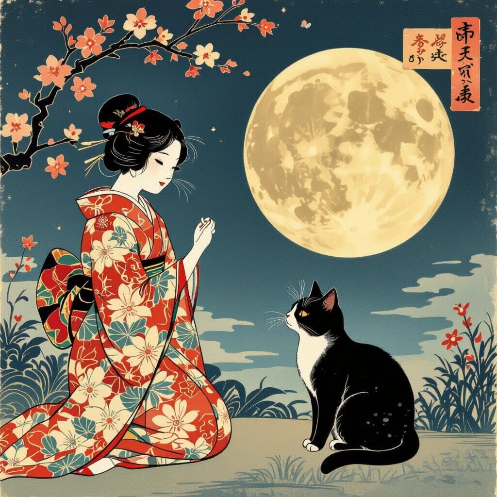 Cat in Kimono Under Moon, Ukiyo-e Style