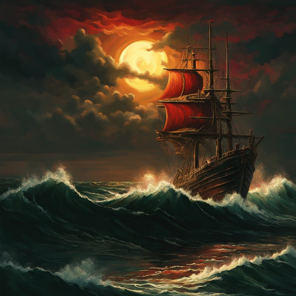 Ship Sails on Dark Green Sea Under Red Sun