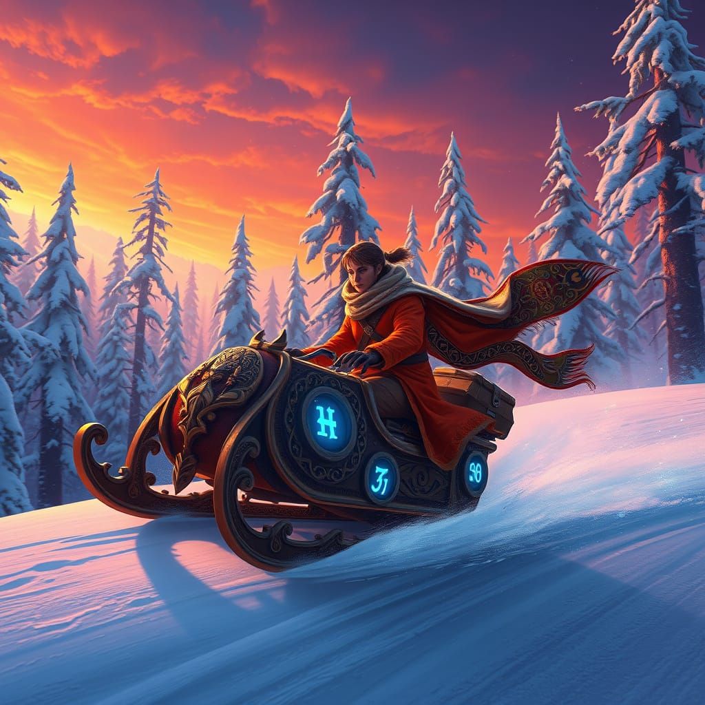 Vibrant Adventurer Rides Majestic Sled Downhill Through Myst...