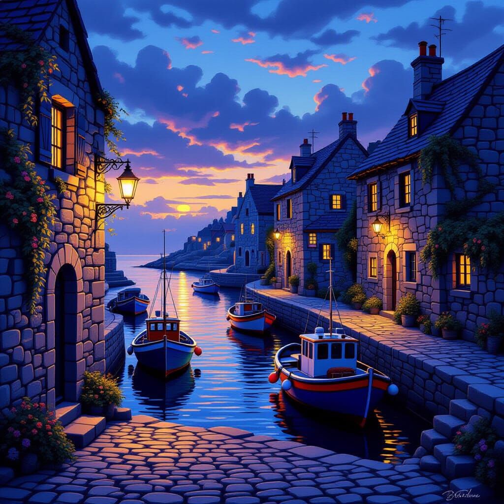 Coastal Town at Dusk: Warm Lanterns on Stone Buildings