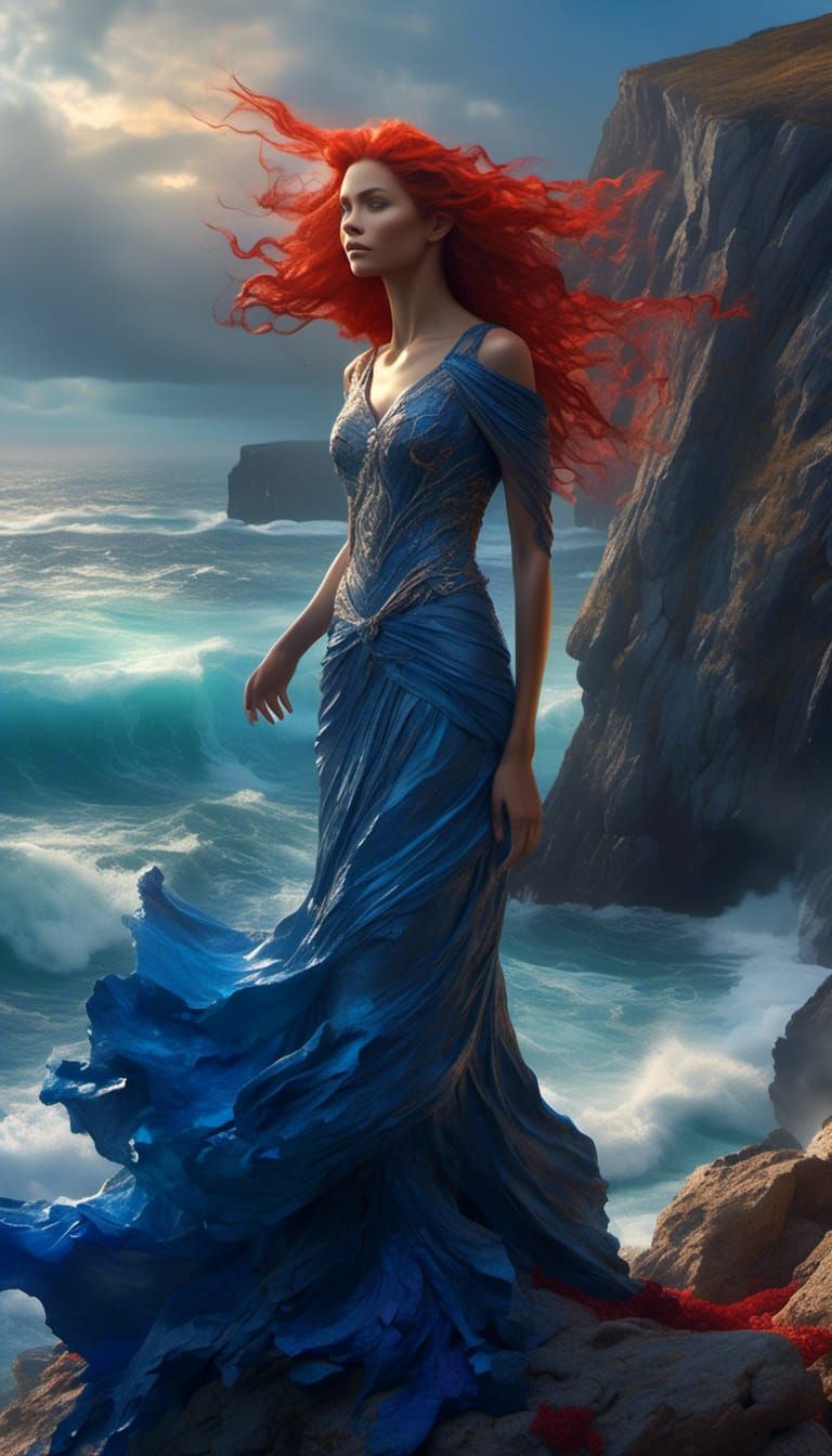 Statuesque Woman on Windswept Cliff: Hyperreal Concept Art