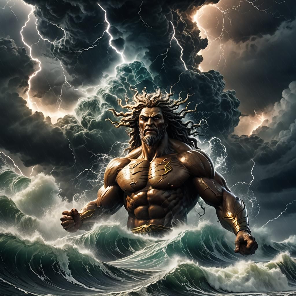 Colossal Deity Rises from Stormy Sea in Digital Art
