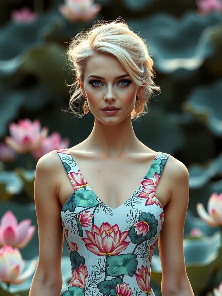 Blonde Woman in Lotus Flower Haute-Couture Dress