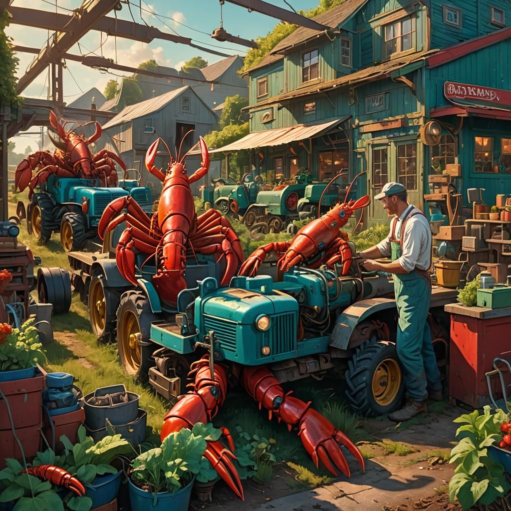 Lobsters Fixing Farm Equipment: Fantasy Concept Art