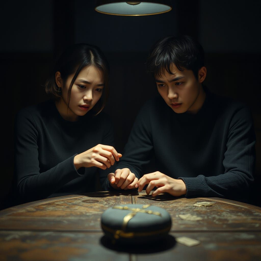 Intense Korean Couple Conspiring in Dark Fantasy Style