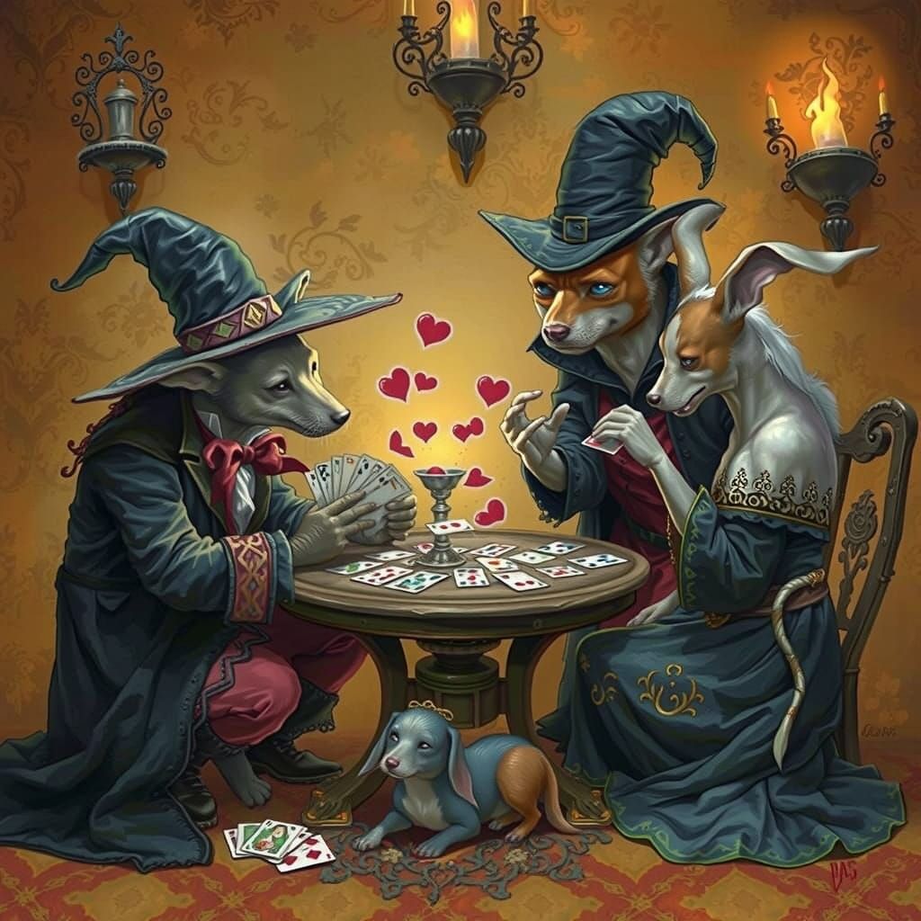 Magicians and Enchanted Canines Play Cards in Whimsical Fant...