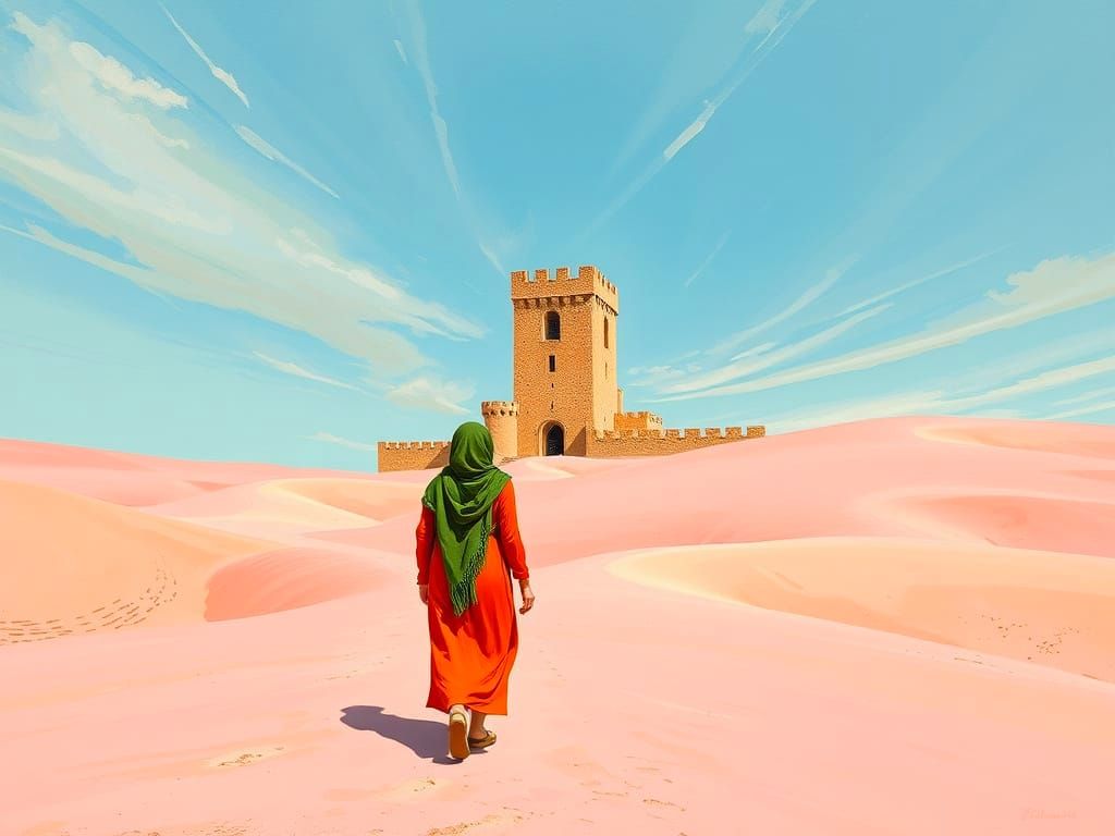 Medieval Tower in Pink Desert, Gouache Style