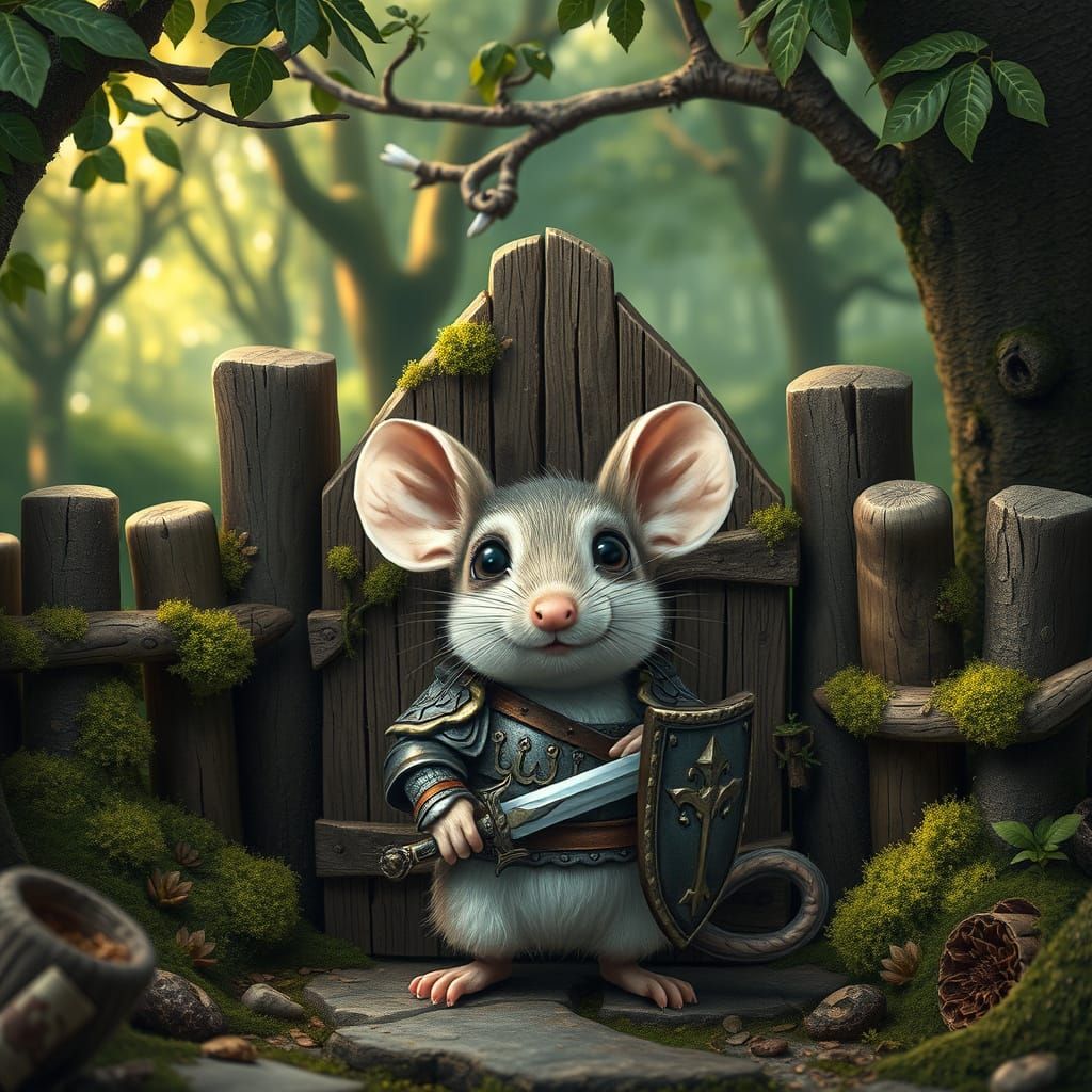 Whimsical Guardian Mouse Defends Forest Gate