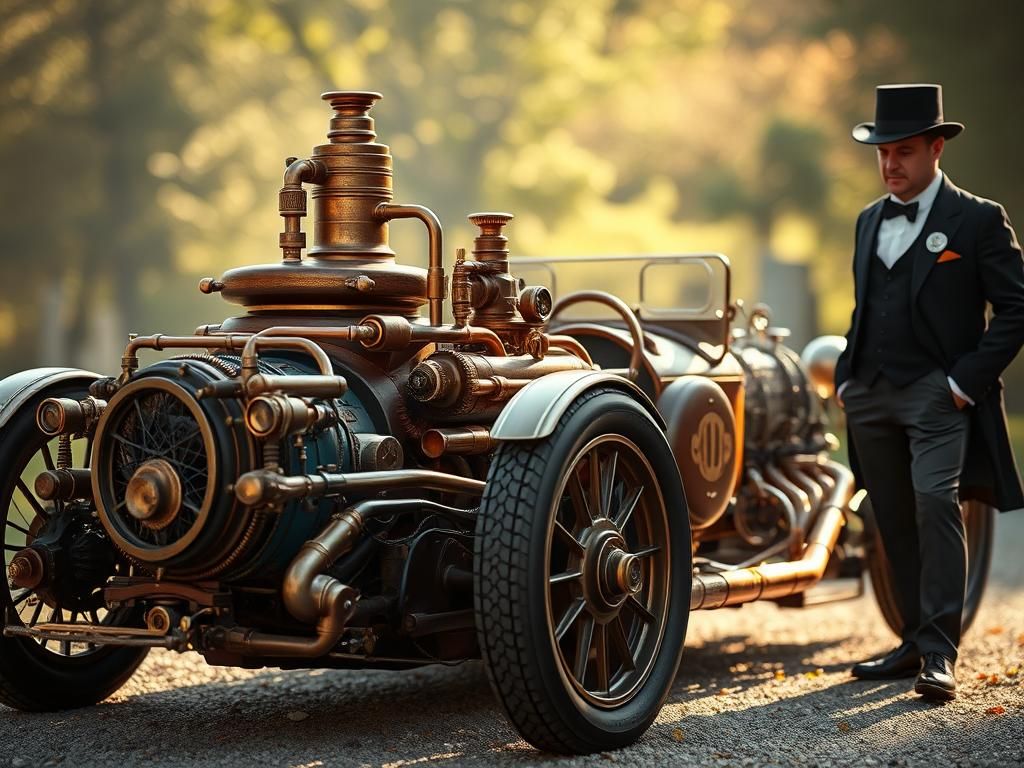 Steampunk Sports Car with Suited Man in Hyperrealistic Photo