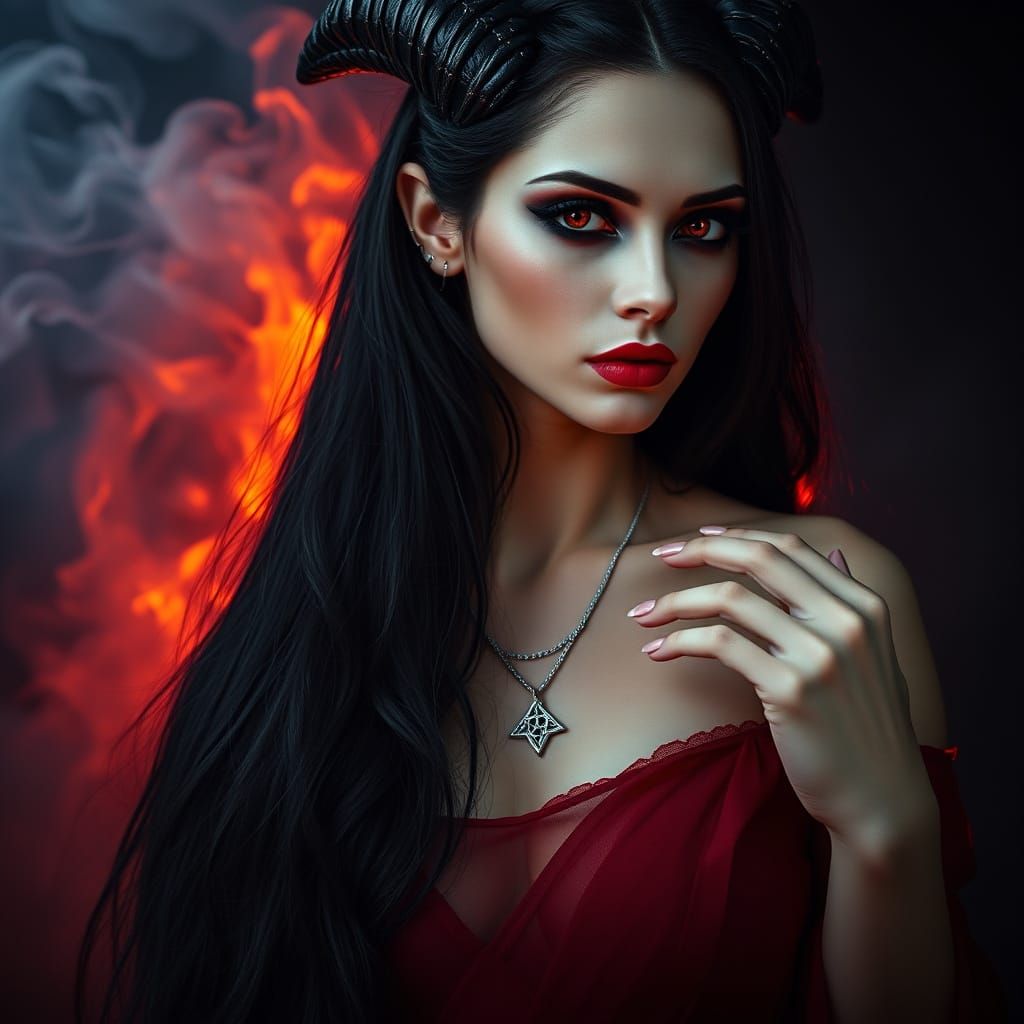 Enchanting Goddess with Horns and Fiery Eyes in Dark Fantasy...