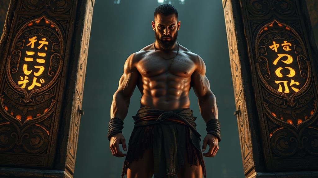 Heroic Warrior Between Runed Pillars in Dark Fantasy Style