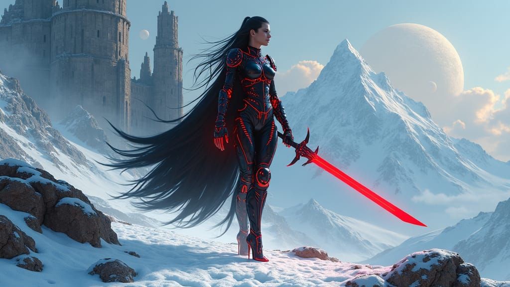 Cyberpunk Cyborg in Snowy Mountain Landscape