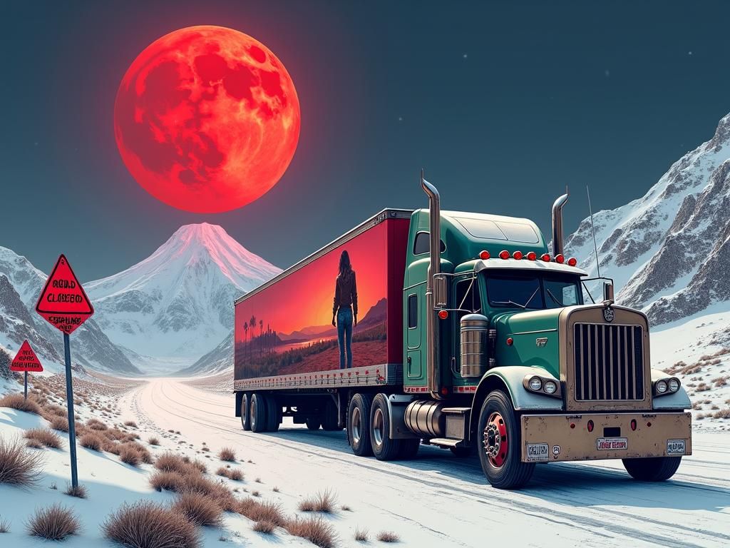 Truck on Alpine Desert Road in Frazetta Style