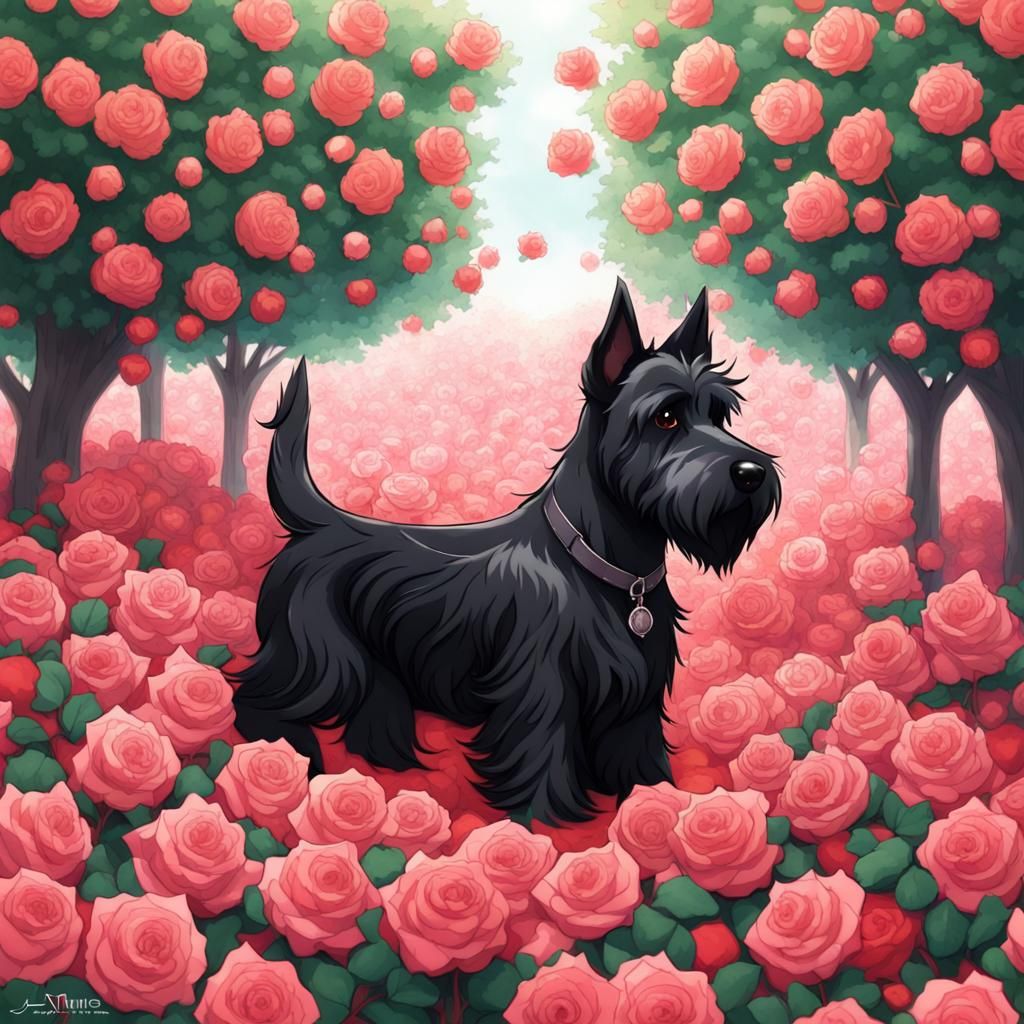 Black Scottish Terrier in Anime Rose Garden