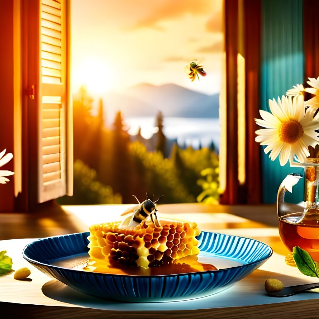 Bees and Honeycomb on Ornate Dish in Hyperrealism