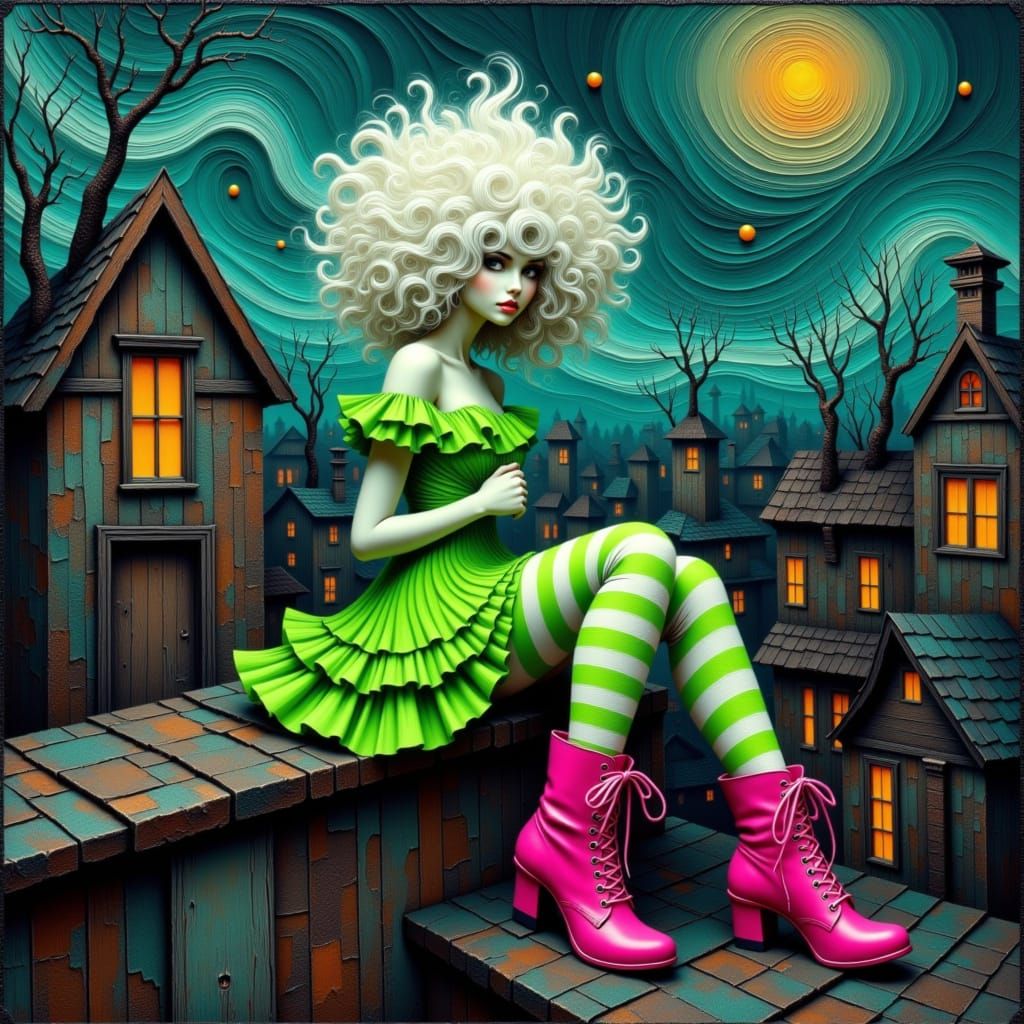 Gothic Doll on Rooftop in Van Gogh Style