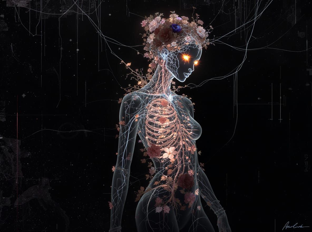 Ethereal Translucent Figure in Futuristic Botanic Ensemble