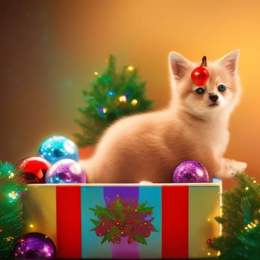 Christmas Puppies and Kittens, Hyperrealistic Oil Painting