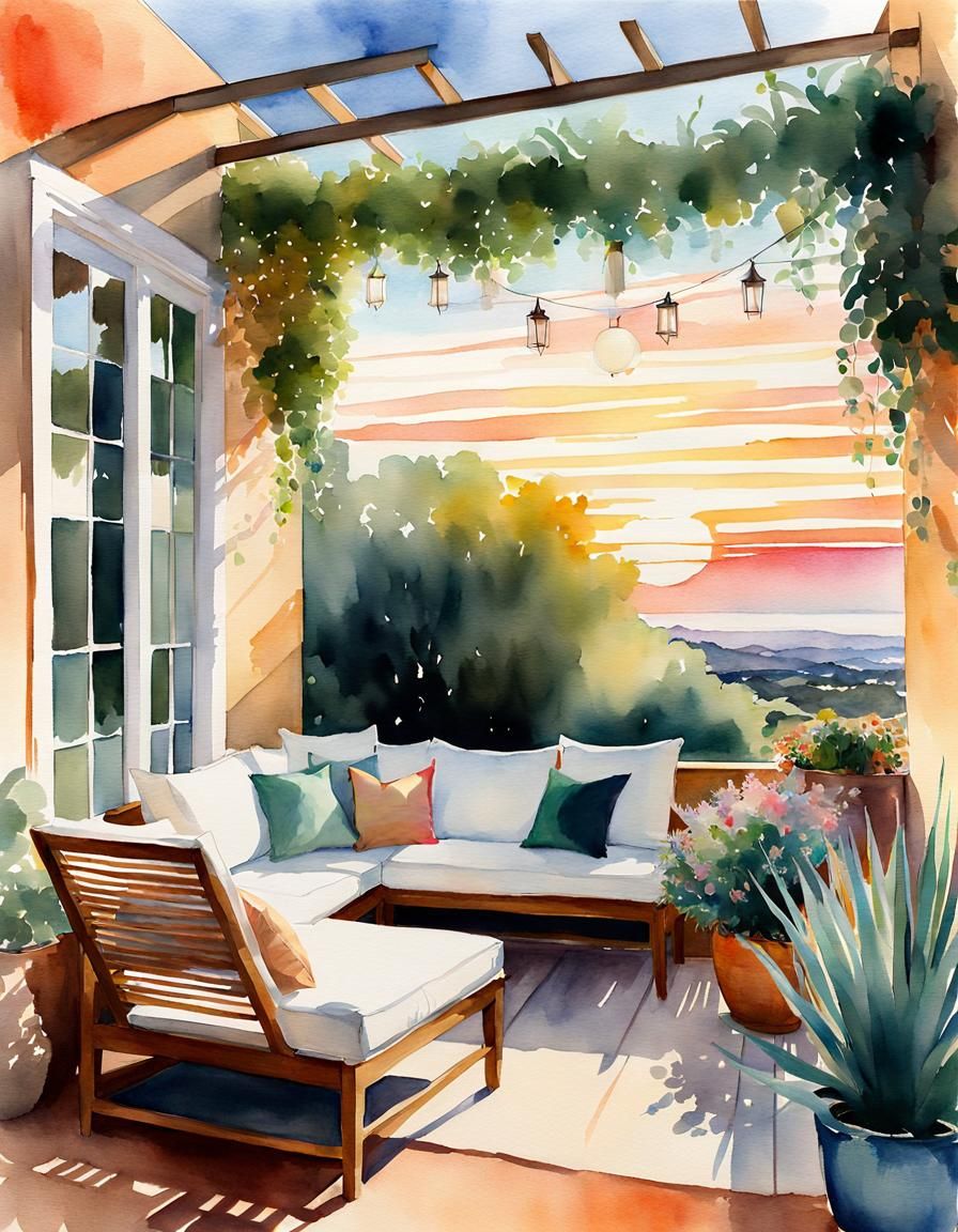 Soft Watercolor Italian Sunset Landscape